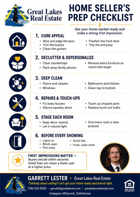 Preview of the Home Seller's Prep Checklist flyer — six steps covering curb appeal, decluttering, deep cleaning, repairs, staging, and showings.