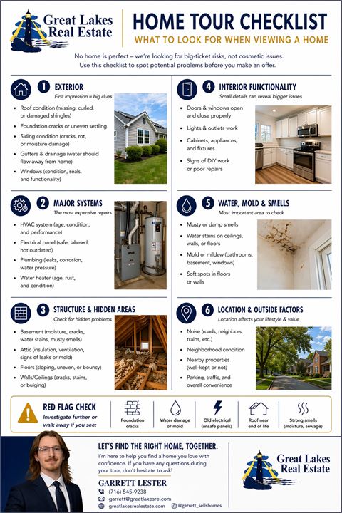 Preview of the Home Tour Checklist flyer — a one-page guide covering exterior, major systems, structure, interior, water and mold, and location.